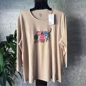 Kim Rogers Tan Chic Stripe French Fancy Cat Print Top Size XXL Petite NWT